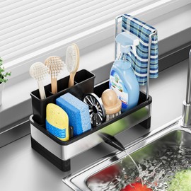 Volminex Stainless Steel Sink Organiser, Kitchen Sink Organiser with Drain Pan, Sponge Holder Kitchen for Brush and Soap, Utensils Basket with Towel Holder for Kitchen and Bathroom (Black)