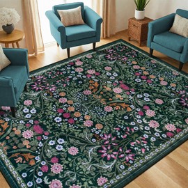 Area Rug Living Room Rugs: Floral 5x7 Washable Rug Vintage Soft Boho Non-Slip Carpet Indoor Floor Stain Resistant Large Carpets for Bedroom Dining Room Farmhouse Nursery Hallway Home Office Dark Green