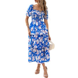 BTFBM Womens Square Neck Smocked Dress Summer Puff Short Sleeve Floral Casual Ruffle Tiered Maxi Wedding Guest Dresses(Floral Blue White, Medium)