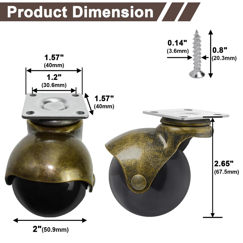 MYSIT 2 Inch Vintage Ball Casters Swivel Top Plate Caster