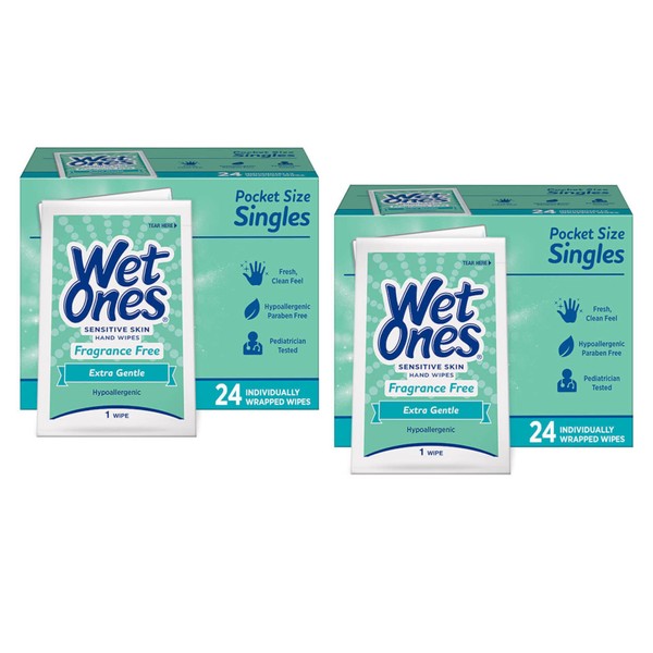 WET ONES Sensitive Skin Hand Wipes, Singles Extra Gentle Fragrance & Alcohol Free 24 ea (Pack of 2) (2 Pack)