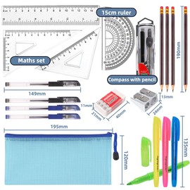 Belegao 20pcs Stationary Set, Maths Set Back to School Supplies Rulers, Pencils, Pens, Highlighters, Eraser, Metal Sharpener, Compass, Pencil Case for Primary Secondary Classroom, Home, Office