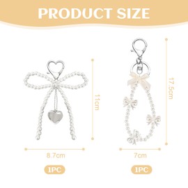 Lilbitty Pack of 2 Cute Bow Pearl Keyrings for Women, Fashionable Key Ring for Bag and Car, Golden Charms Pendant, Perfect as a Gift, White