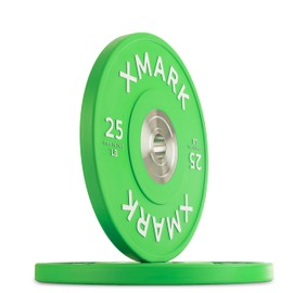 XMARK 25 lb Premium Virgin Rubber Bumper Plates with Chrome-Plated Steel Inserts for Serious Lifters