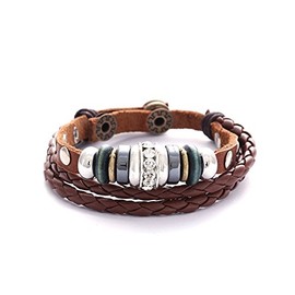 Morella Women's Leather Bracelet Braided with Rivets and Beads / Brown with Zirconia Stones