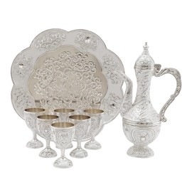 Complete Tea Set with 1 Teapot, 6 Tea Cups & 1 Tea Tray Vintage Teapot (7.4 oz) Teapot and Cups Set with Exquisite Relief Patterns for Serving Tea, Coffee, Wine (Silver, White)