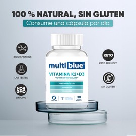 Vitamina D3 K2 30 Cápsulas de 550mg | Combinación Óptima de Vitaminas con Cúrcuma | 100% Natural, Sin Gluten, Keto Friendly, Vegano | Multivitaminico Soporte Nutricional Avanzado | MULTIBLUE