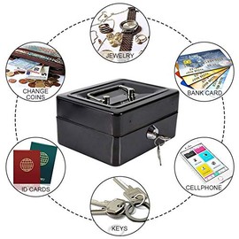 Security Box, Mini Portable Check Boxes Iron Lockable Cash Money Coin Safe Security Box Household Security Box with Lock(Black With 2 Keys)