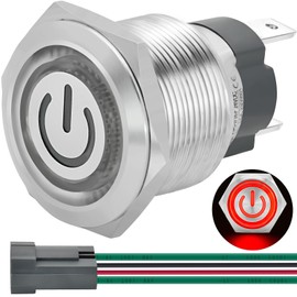 15 Amp 19mm 3/4'' Momentary Push Button Switch 110V-120V AC Waterproof Switch for Outdoor Use On Off SPST Power LED Light Stainless Steel with Wire Socket