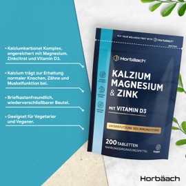 Kalzium Hochdosiert Komplex mit Vitamin D3 Zink | 200 Kalzium Tabletten | Calcium Complex | Großpackung | Horbaach