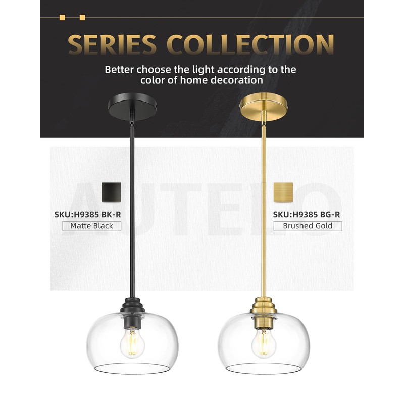 AUTELO Black Pendant Lights Kitchen Island, 1-Light Pendant Lights in