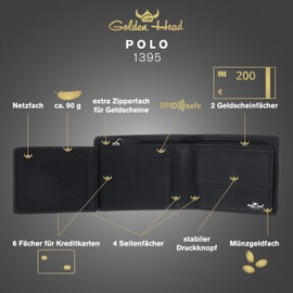 Golden Head Polo RFID Protect Billfold Coin Wallet with Zipped Pocket for Notes Black, black, Standard size, Elegant