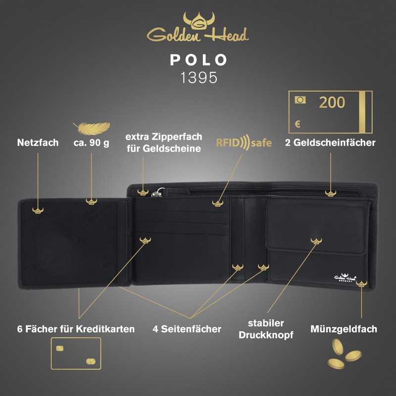 Golden Head Polo RFID Protect Billfold Coin Wallet with Zipped