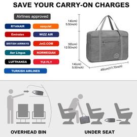 Cabin Bag 45 * 36 * 20 for Easyjet Airlines Underseat Cabin Bag Foldable Travel Duffel Bag Carry on Hand Luggage Holdall Bag Weekend Overnight Bag for Women Men(Grey)