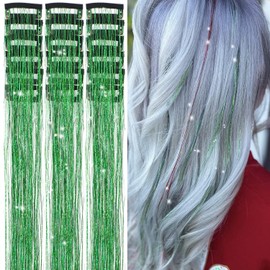 Hair Tinsel Pack of 18 Pcs Hair Tinsel Clip in 20 Inch Clip in Hair Tinsel Glitter Tinsel Hair Extensions Clip in Fairy Hair Tinsel Clips Dazzle Hair Accessories for Girls Kids Women (Green-18 Pcs)