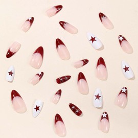 Red Fake Nails Medium Almond Press on Nails Star with Bow Design French Tip False Nails Acrylic Full Cover Nails Artificial Nails Glossy Glue on Nails Stick on Nails for Women Manicure Art 24Pcs