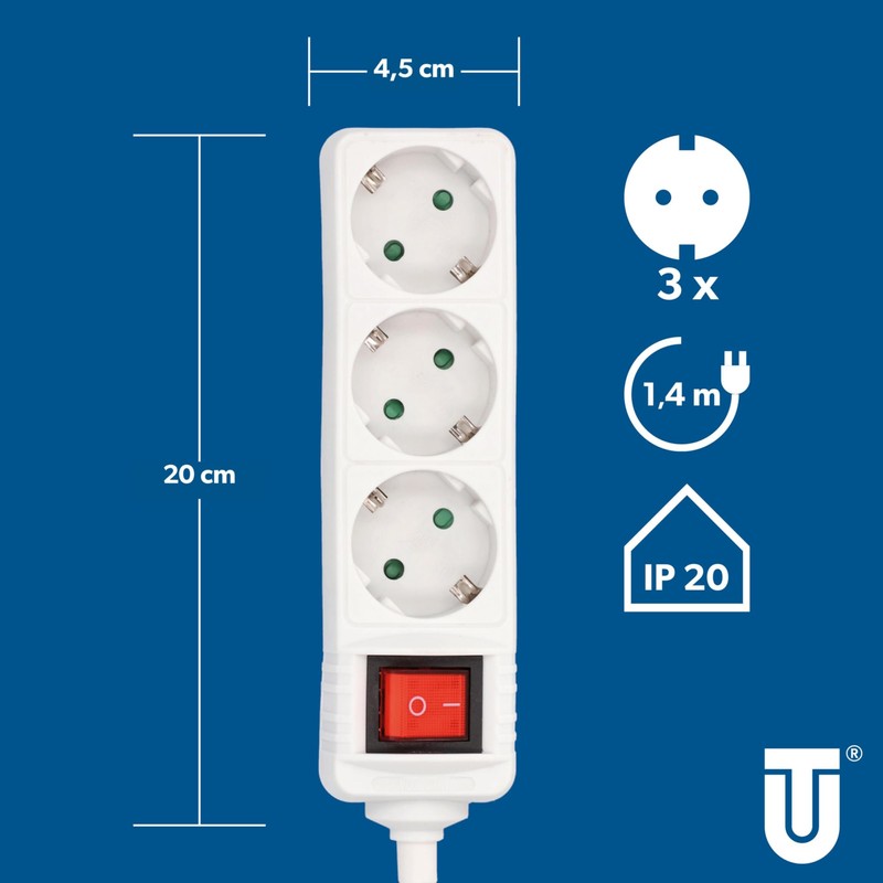Unitec socket strip 3-fold with switch, 1.4 m. White, 445211.