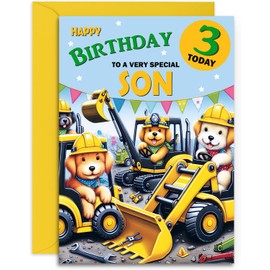 Son Kids 3rd Birthday Card - Doggy Digger Crane Design for Age 3 Boy - A5 Size Card with Yellow Envelope