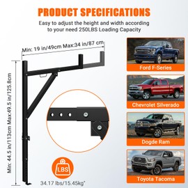 Ladder Rack for Pickup Load 250 Lbs,44.5"-49.5" Adjustable Height, 19"-34 "Retractable Width Steel Ladder Rack for Truck,Ladder Stand,for Kayak, Surfboard, Construction Wood, Ladder
