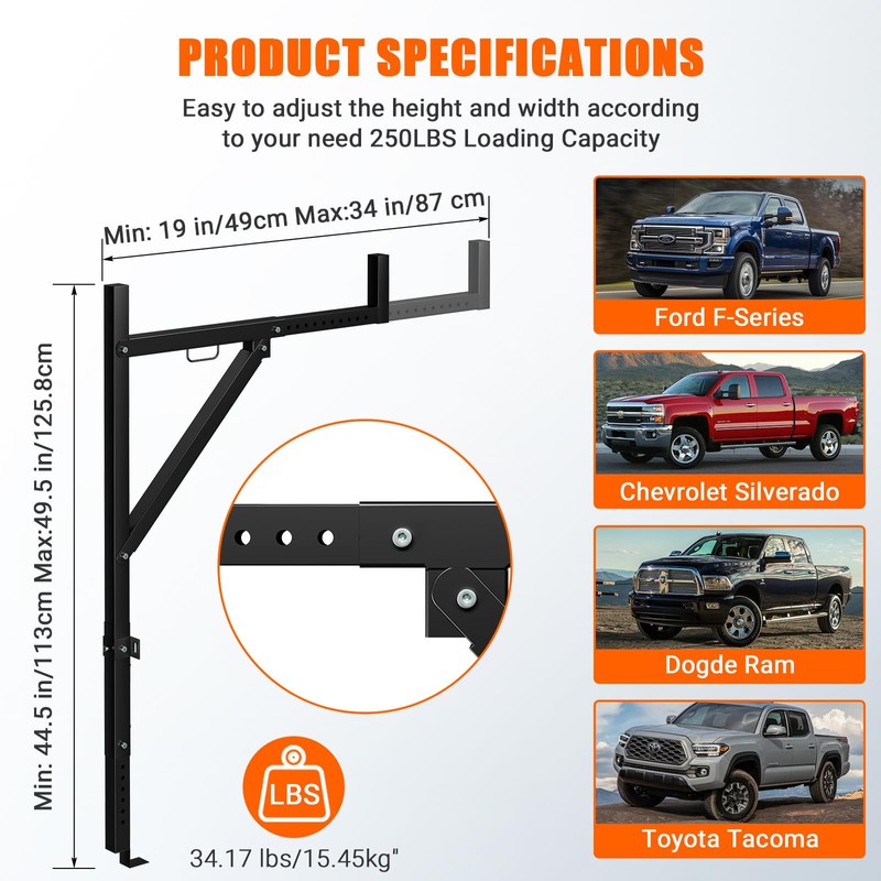 Ladder Rack for Pickup Load 250 Lbs,44.5"-49.5" Adjustable Height, 19"-34
