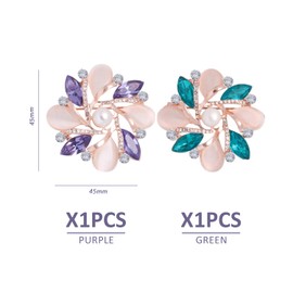 Pack of 2 Stamen Brooches, Rhinestone Brooches, Rose Brooches, Flower Brooches, Pearl Brooches, Bridal Brooches, Suitable for Daily Use, Parties, Birthday Gifts (45 x 45 mm) (Green and Purple), Metal