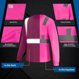 WPLM Hi Vis Long Sleeve Safety Shirts Reflective Daily Work Shirts for Men Fast Dry Moisture Wicking 3XL Pink 2pcs