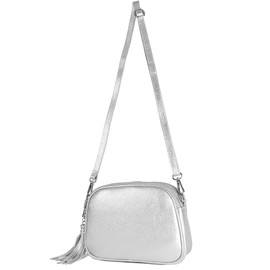 modamoda de - T238 Italian Women's Shoulder Bag Leather Medium, silver-metallic, Sporty, elegant