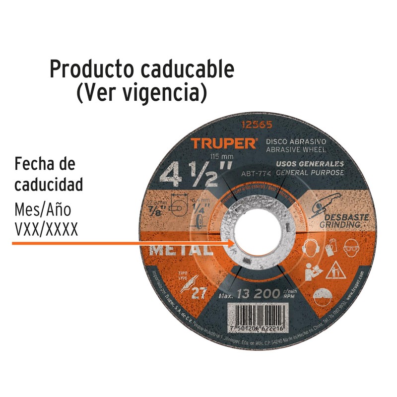 Truper ABT-774, Disco para desbaste de metal, tipo 27, diámetro