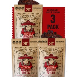 Righteous Felon Biltong Beef Jerky | South African Biltong Snack Packs for Adults | High Protein, Keto-Friendly, Low Sugar | Made with Premium Meats | Beef Jerky Gifts for Men | Ancho Villa 3 Pack