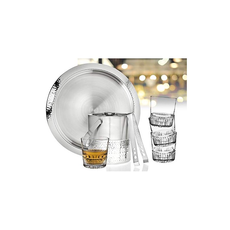 Godinger Bar Set Stainless Steel Hammered and Glass with Ice