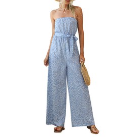 CHARTOU Mono bandeau para mujer con hombros descubiertos, pierna ancha, estampado floral suelto, Azul / Patchwork, L