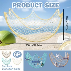 6Pcs Fishing Net Decorative - Fish Net Decorations Decorative Netting Nautical Themed Cotton Fishnet Decor Ocean Party Rope Decoration Cotton Hawaiian Fishnet Party Accessory