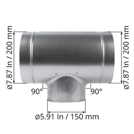 8'' Inch Duct T-Joint Splitter to 6" Inch 90° Degree Branch Connector for Exhaust Systems - T-Shaped Metal Junction - Triple Ventilation Splitter Adapter, 3 Way 8x6x8 Dryer Vent Attachment