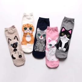 LOFIR Funny Colourful Socks Women's Animal Pattern Cute Cotton Socks Cute Cartoon Kawaii Cat Socks Novelty Socks Gift for Girls Women Size 2-7 UK, 2/5 Pairs (Loa81955-mx-5 Pack) - Colour 2, size: 35-41