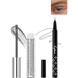 Silver Glitter Mascara + Eyeliner Pen Set, Shimmer Volume Colorful Mascara, Sparkling Liquid Eyeliner, Waterproof, High-Pigmented, All-Day Wear Shine Eye Makeup for Dazzling Looks