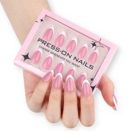 White French Tip Press on Nails Short Almond Fake Nails Pink Full Cover False Nails Simple Nails Press ons Glossy Glue on Nails Short Almond Stick on Nails for Women Girls 30 Pcs 15 Size