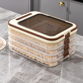 Ahathyw 4 Layers Dumplings Storage with Dumpling Maker & Spoon & Dumpling Wrapper Space, Box Organizer Stackable for Various Small Desserts & Cookies with Buckle, Lid & Handle for Fridge, White-Green