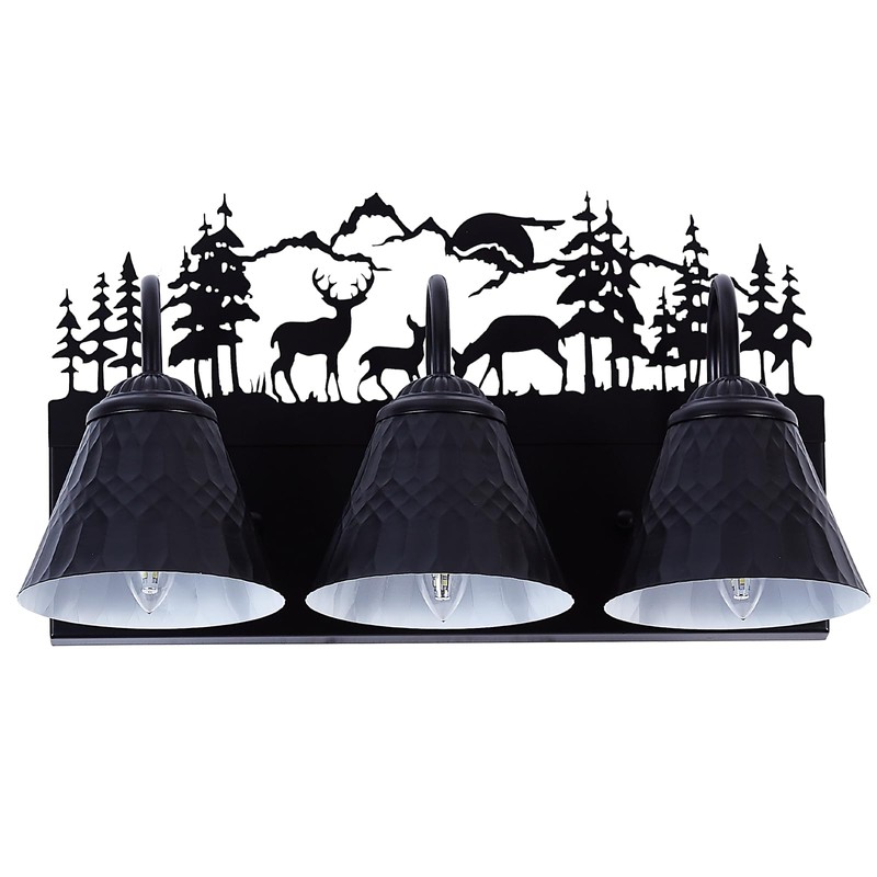 Rustic 3-Light Black Vanity Light Fixtures with Deer Design, E12