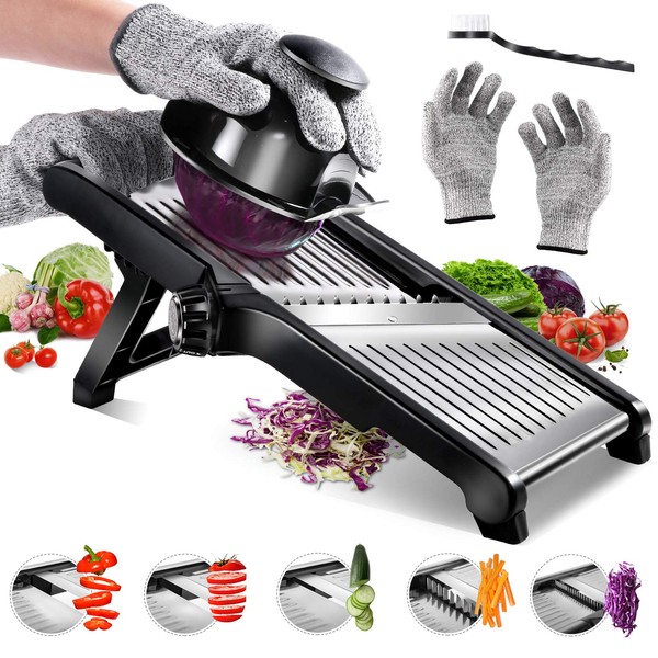 Masthome Mandolin Vegetable Slicer, Adjustable Kitchen Grater, Julienne Slicer with Cut-resistant Gloves, Vegetable Cutter for Fruit, Potatoes, Tomatoes, Onions, Cheese, Hergeben Cleaning Brush,