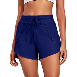 Bsubseach Mujeres Pantalones Cortos de Cintura Alta Ajustables Traje de Baño Pantalones Cortos de Natación Azul Oscuro XL