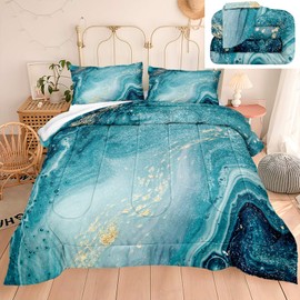 Bedbay Teal Marble Comforter Set Marble Duvet Set Teal Blue Marble Texture Design Soft Microfiber Filling Blue Gold Comforter Queen 1 Comforter 2 Pillowcases(Blue, Queen)