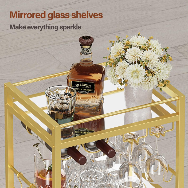 TUTOTAK Bar Cart, Home Bar Serving Cart with 3-Tier Mirrored