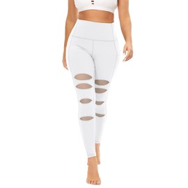 TAIPOVE Ripped Workout Yoga Leggings with Pockets for Women High Waisted,Tummy Control Gym Seamless Soft Mesh Leggings Butt Lift Plus Size White