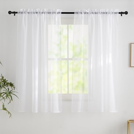 PONY DANCE Living Room Curtains White Transparent Home Decoration Voile Curtains with Rod Pull Window Curtains Set of 2 H 160 x W 140 cm White