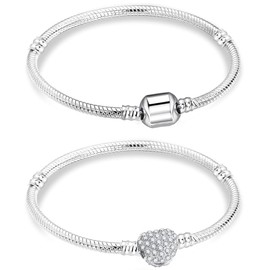 GUSXPPD Pack of 2 Heart Snake Charm Bracelets, Silver Bracelet for Charms, 17/18/19 cm Silver Snake Bracelet, Snake Link Bracelet, Bracelets with Heart Clasp, Copper, No Gemstone