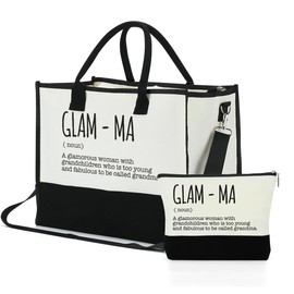 Glamma Gifts Grandma Gifts Glamma Appreciation Tote Bag & Makeup Bag Grandmother Gifts from Granddaughter Cosmetic Bag Presents for Grandma Women Gigi Canvas Bag for Birthday Retirement Mothers Day
