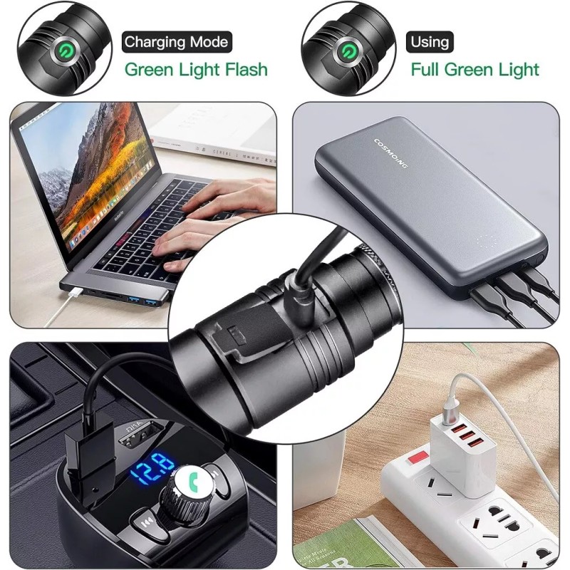 cosmoing Green LED flashlight Rechargeable, IP65 Waterproof Torch (Battery NOT