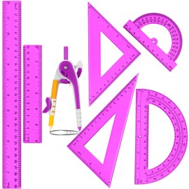 Zonon 1 Set Plastic Geometry Math Set 7 Pcs Includes 6'' / 4 '' Protractor, Drawing Compass, 45/60 Degree Triangle Rulers, 12'' / 6'' Math Ruler Transparent for Office Supplies(Purple)