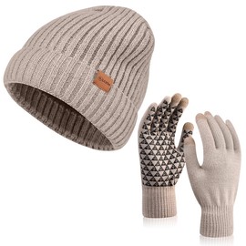 Winter Hat and Gloves Set for Men Women,Beanie Touchscreen Gloves Set with Warm Knitted Fleece Line (CA/US, Alpha, One Size, Oatmeal)