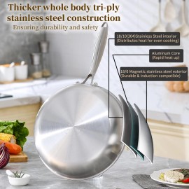 Delarlo Set of 2 18/8 Stainless Steel Frying Pans, 10 and 12 Inches, with Lids for Ki...